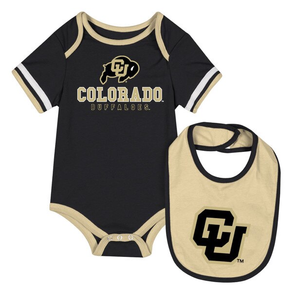 This is a baby onesie with a bib. White lines around sleeves. On the onesie, the word "Colorado" is in bold gold block font. Buffaloes is in small black font. The bib is gold with an interlock CU.